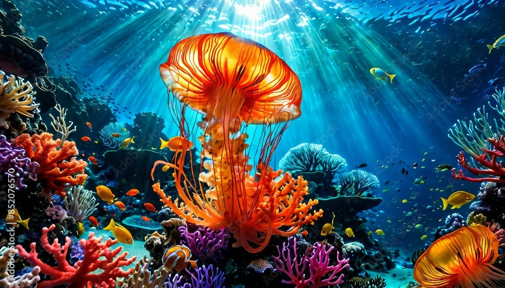 A stunning underwater scene showcasing a radiant jellyfish glowing ...