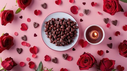 Canvas Print - A picturesque top down shot captures the essence of Valentine s Day with a heart formed by red roses candles a saucer of chocolate candies all set against a soft pastel pink backdrop leavin