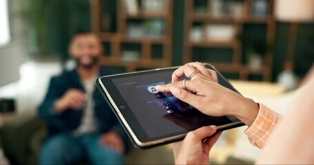 Poster - iot, smart home and hands on tablet app to play music with couple of people in living room. digital 