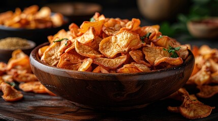 Wall Mural - Crispy Apple Chips in a Wooden Bowl