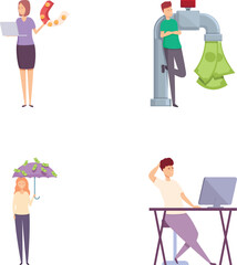 Poster - Income icons set cartoon vector. People receive dividend and payment. Financial freedom concept