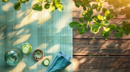 Wall Mural - A wooden table in a building with a terrestrial plant and a vase of limes, creating a fresh and natural landscape inside the house AIG50