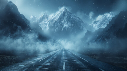 Wall Mural - dark street, asphalt abstract dark blue background, empty dark mountain range scene, with smoke mist