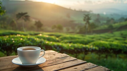 Wall Mural - Coffee in a white cup on a wooden table in a tea field