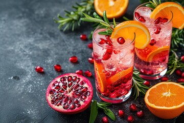 Festive drinks, citrus, pomegranate cocktail. Selective focus, space for text.