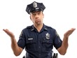 © The Art Company - Confused Police Officer Shrugging their Arms to Brush off their Mistake, Cop and Civil Servant Portrait, Isolated Security on White Background