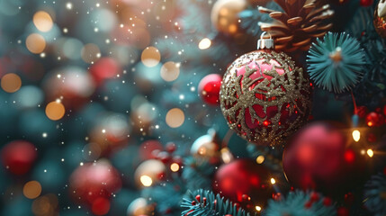 Wall Mural - Decorated Christmas tree on blurred background