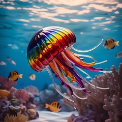 A 3D render of a jellyfish-like creature crafted from multi-colored glass.