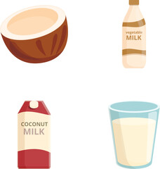Wall Mural - Vegetarian milk icons set cartoon vector. Vegan milk in carton box, bottle, glass. Lactose free drink