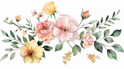 Wall Mural - Arrange a lovely botanical illustration featuring watercolor elements of roses assorted pink and yellow garden flowers lush leaves and delicate branches all set against a clean white backgr