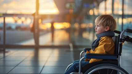 A young boy in a wheelchair at an airport, waiting for his flight to school. diversity travel 