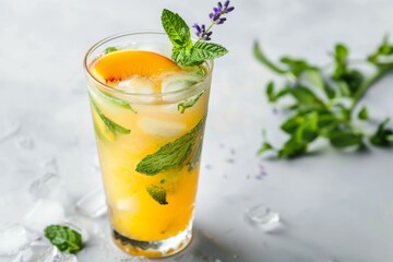 Wall Mural - A tall glass filled with refreshing orange juice, ice cubes, and mint leaves