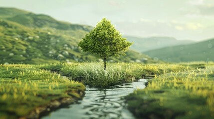 Poster - Celebrating World Food Day with a creative twist showcasing an arrow symbol crafted from vibrant grass flowing water and rich soil texture serving as a shield for a majestic tree