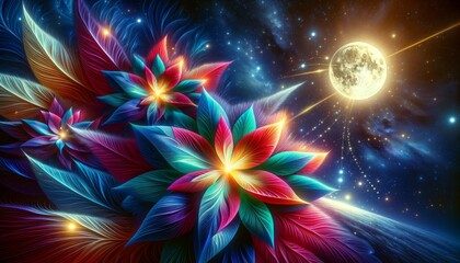Wall Mural - A detailed close-up of vibrant, abstract, star-shaped flowers illuminated by a glowing full moon, with delicate moonbeams.