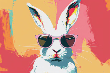 Poster - A rabbit wearing sunglasses and standing in front of a pink