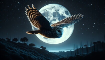 Wall Mural - A highly detailed and realistic image of an owl gliding silently through the night, with a full moon illuminating its feathers.