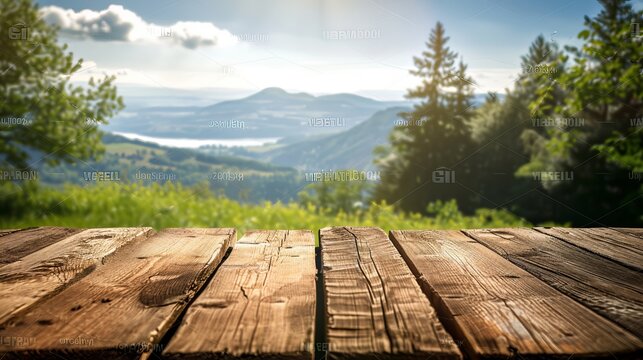 A perspective view of a wooden tabletop, set against a blurred, bright landscape scene. This composition highlights the contrast between the natural texture of the wood and the serene, 