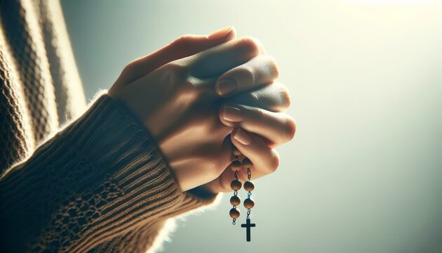 A close-up shot of a woman’s hands clasped together holding rosary beads, with a faint glow illuminating the beads and hands.