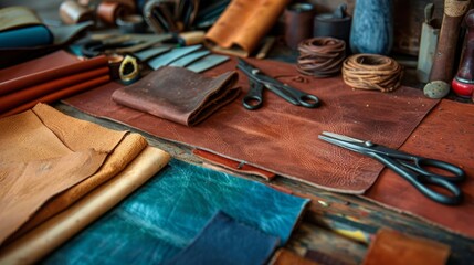 On the workdesk of a leather craftsman, beautiful tanned or colored leather pieces are displayed