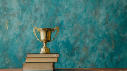 Wall Mural - An academic stack of books with a trophy and medal. Business education and graduation, copy space, blank spaces, a place for your text.