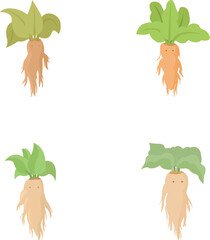 Poster - Colorful and vibrant cartoon root vegetables collection vector illustration set on a white background. Featuring cute and healthy organic carrot. Turnip. Beet. Parsnip. And radish