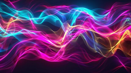 Sticker - 3D render of neon wallpaper. Glowing dynamic lines over black background. Light drawing trajectory. Fluorescent ribbons.