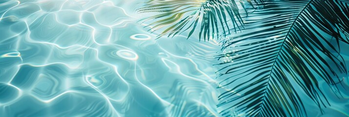 Wall Mural - Beautiful abstract background concept banner for summer vacation at the beach. Top view of water surface with tropical leaf shadow. White sand beach with palm leaves shadow.