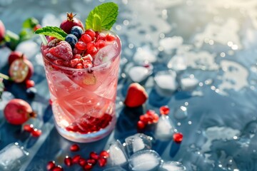 Wall Mural - On a table sits a glass brimming with ice and berries