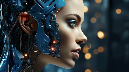 Poster - Connection of human woman and artificial intelligence robot. The concept of merging a person and a computer with neural networks in the future