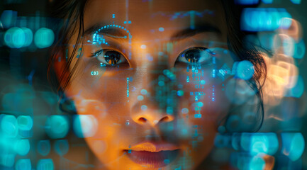 Wall Mural - AI cyber security threat, female IT specialist analysing futuristic holographic data information. blue colour, sugmented reality artificial intelligence concept banner