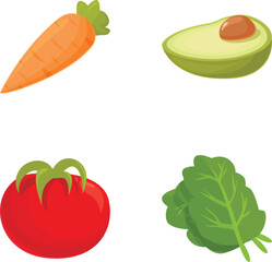 Canvas Print - Colorful and fresh vegetable collection illustration set in vector. Perfect for kitchen. Cooking. And grocery design. Featuring carrot. Avocado. Tomato. Spinach. And leaf. Ideal for healthy. Vegan