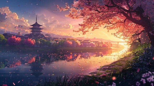 A beautiful scene of a river with cherry blossoms and a bridge in the background