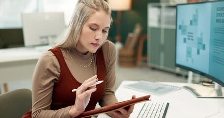 Poster - Woman, tablet and pen in office or writing for business, planning and thinking or startup idea for online strategy. Website, internet and drawing tool, schedule and vision for web design company