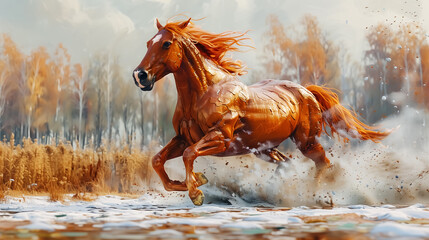 Wall Mural - oil painting for horse, stallion running fast on snow. Wall Art Poster Print Design for Home Decor, Decoration Artwork, High Resolution Wallpaper & Background for Computer, Smartphone, Cellphone