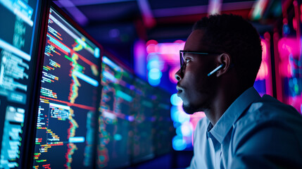 Cyber security analyst analysing AI cyberspace threats on computer in dark tech office. Blue lighting. African american IT specialist ethical hacking