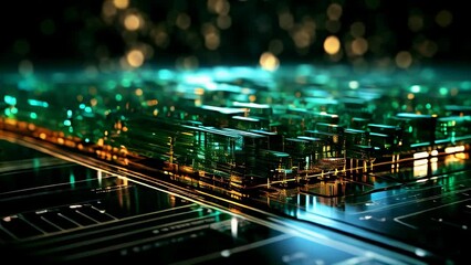 Poster - Close-up of electronic circuit board with glowing lights. Technology background