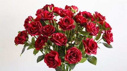 Wall Mural - A stunning arrangement of deep red roses in full bloom elegantly displayed in a vase against a pristine white backdrop