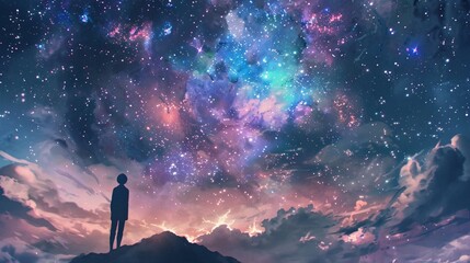 A person is standing on a hill looking up at the sky
