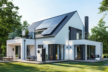 An energy-efficient home concept with a heat pump next to the house and solar panels on the roof. 3D illustration.