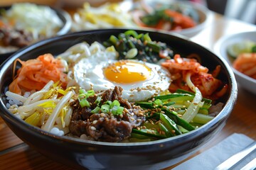 Wall Mural - AI generation of bibimbap, a traditional Korean dish with fried egg, beef and vegetables.