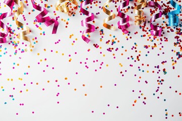 Wall Mural - Background with colored confetti and streamers isolated on white background for birthday party