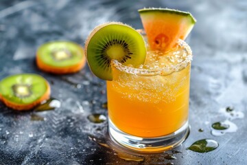 Wall Mural - A glass of orange juice with kiwi and melon slices on a table