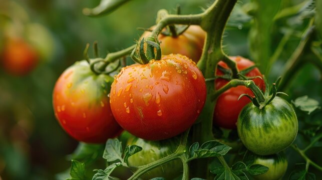 Tomatoes in the vegetable garden turn red and green as they mature