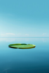 Wall Mural - A single lily pad floating on a vast, calm pond under a clear blue sky.