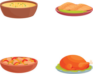 Sticker - Collection of four cartoon food illustrations, including soup, bread, salad, and a whole chicken