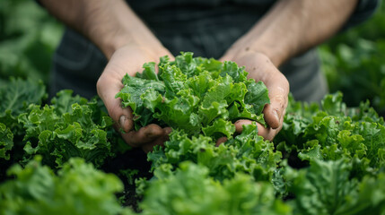 Wall Mural - Farmer close-up holding and picking up green lettuce salad leaves with roots