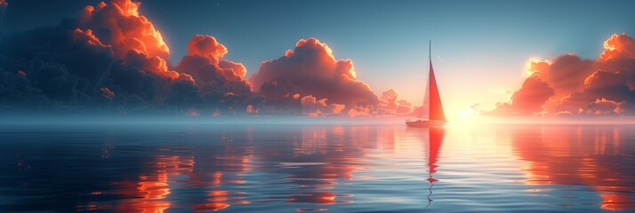 Wall Mural - Sailboat Under a Dramatic Sunset Sky Over Calm Ocean Water