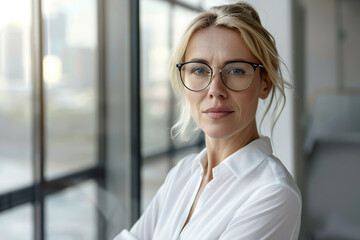 Canvas Print - A woman wearing glasses and a white shirt is standing in front of a window