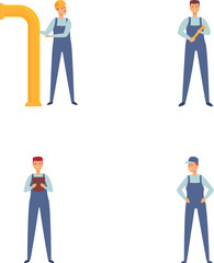 Poster - Collection of four vector illustrations featuring plumbers in various poses with tools and a pipe