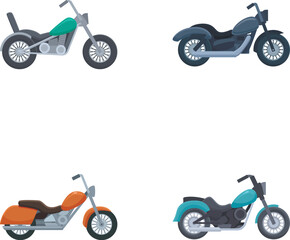 Collection of four vector illustrations featuring modern motorcycles in different colors and styles